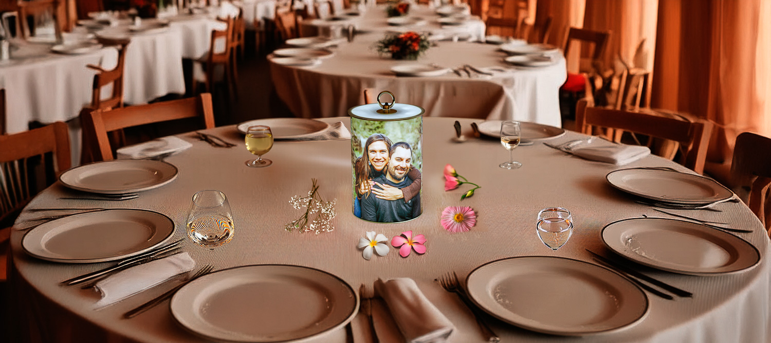 Battery lamp with engagement photos on a wedding dinner table